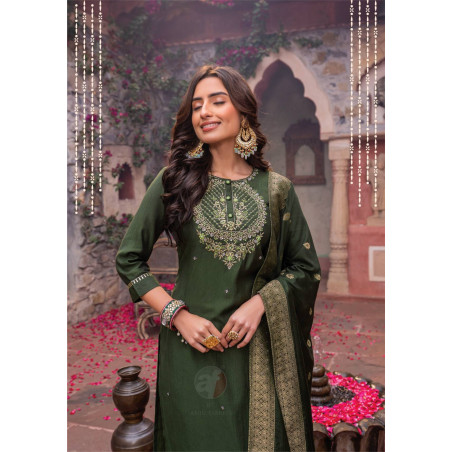 "Elegant Dark Green Kurti Set with Bottom and Dupatta - Perfect Ethnic Wear"