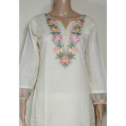 White Cream Indian Chikan Work Designer Kurti with Printed Dupatta by Zaaraq - Elegant & Timeless