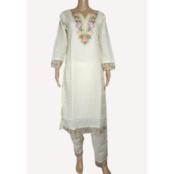 White Cream Indian Chikan Work Designer Kurti with Printed Dupatta by Zaaraq - Elegant & Timeless