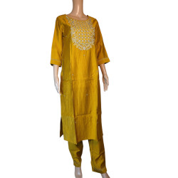 Satin Sheen Gold Kurti Set with Bottom and Dupatta - Elegant Ethnic Wear